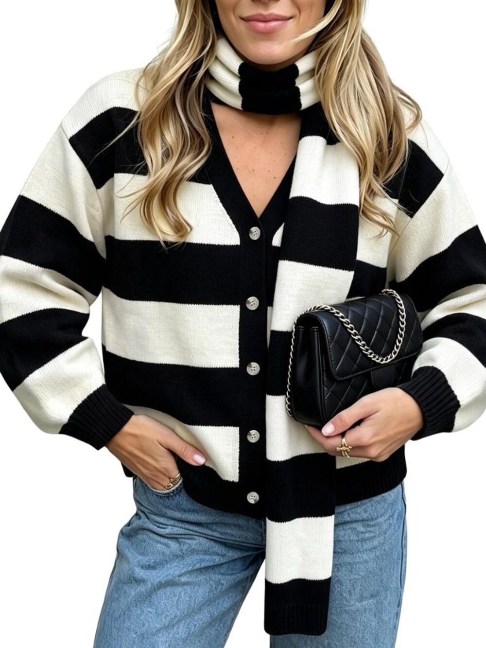 Womens Stripe Long Sleeve Cardigan Sweaters with Scarf